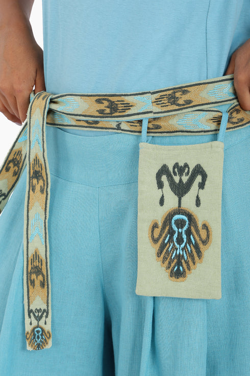 Embroidered linen belt with pocket